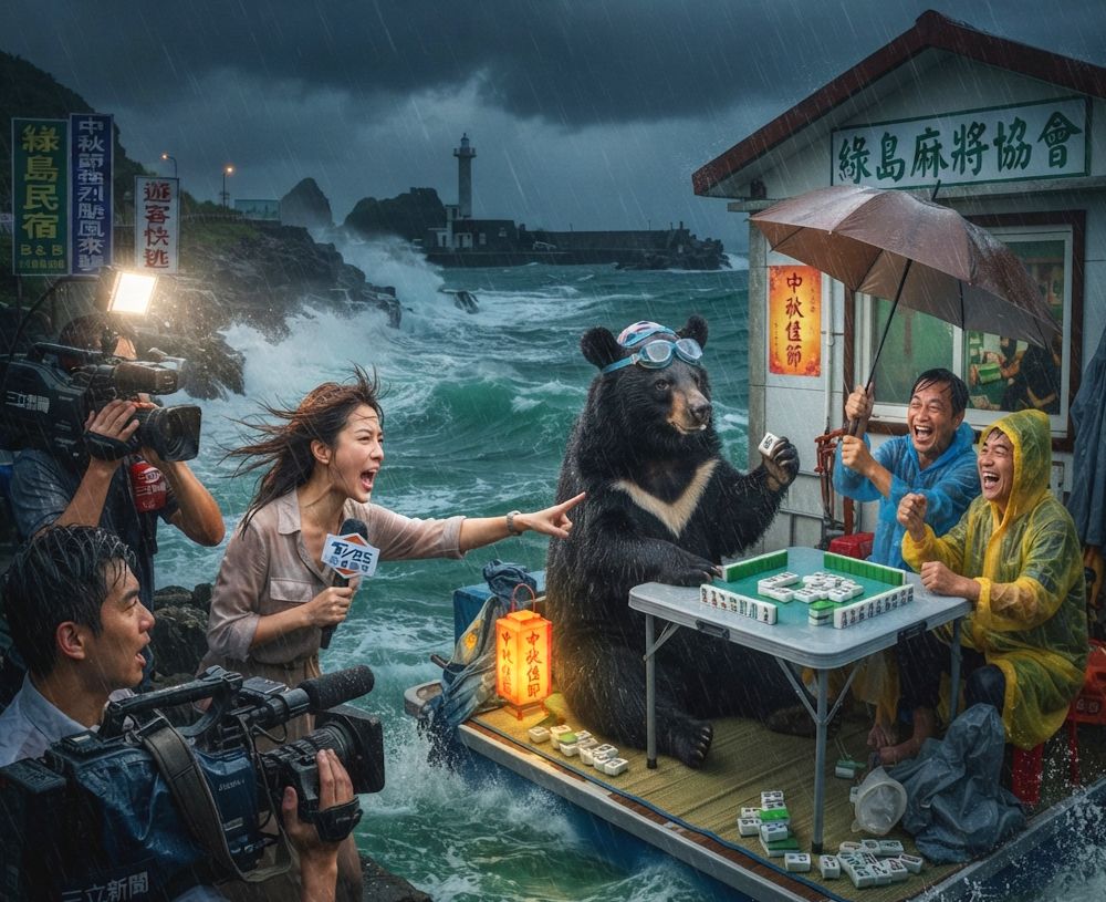 黑熊無視颱風天堅持摸牌湊一桌,一邊吃柚子一邊自摸南風,台灣黑熊風雨無阻綠島打麻將,台灣黑熊中秋淹大水奇觀,台灣熊愛打麻將,台灣黑熊打麻將,碰牌胡牌大三元,台灣黑熊圍觀湊一桌,聽牌摸牌洗牌打麻將,綠島漂浮麻將桌,台灣黑熊神級防颱大作戰