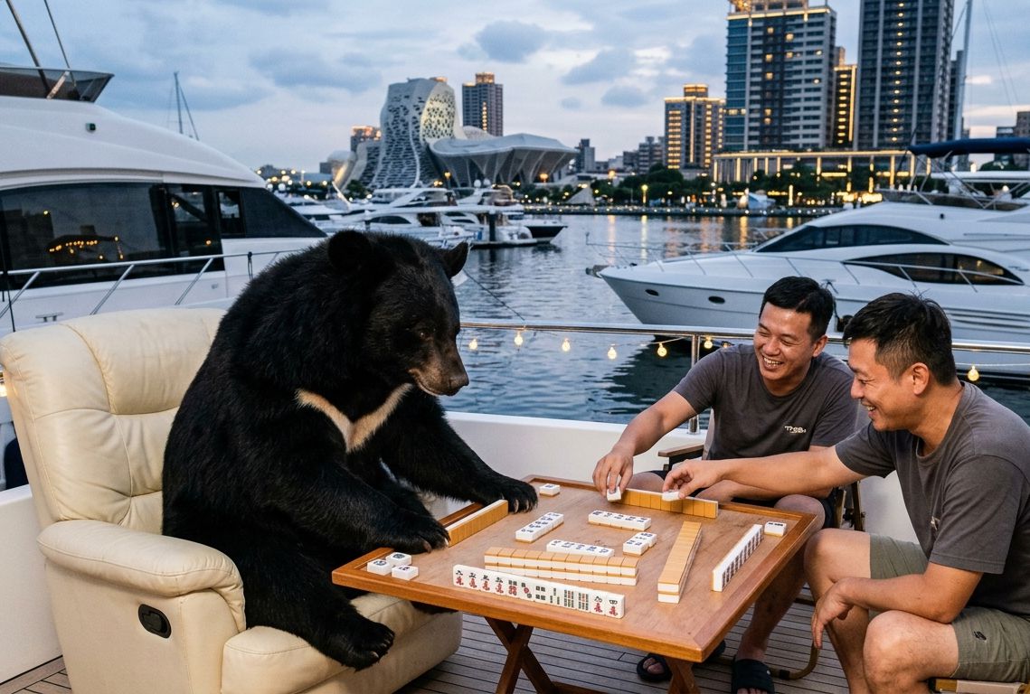 台灣黑熊,台灣熊愛打麻將,台灣黑熊打麻將,熊掌摸牌,愛河豪華遊艇麻將大賽,愛河灣神展開,高雄愛河碼頭賭神賽,高雄愛河灣大三元,高雄港賭神