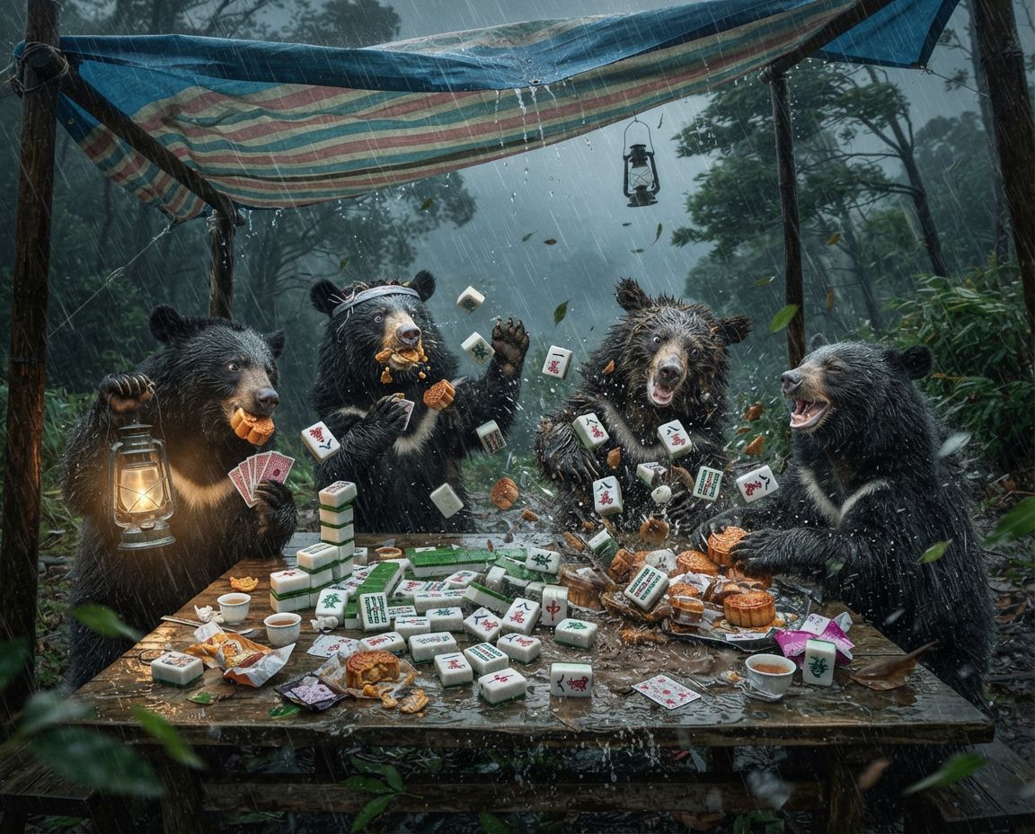 黑熊無視颱風天堅持摸牌湊一桌,一邊吃柚子一邊自摸南風,台灣黑熊風雨無阻大巨蛋打麻將,台灣黑熊中秋淹大水奇觀,台灣熊愛打麻將,台灣黑熊打麻將,碰牌胡牌大三元,台灣黑熊圍觀湊一桌,聽牌摸牌洗牌大巨蛋打麻將,大巨蛋漂浮麻將桌,台灣黑熊神級防颱大作戰