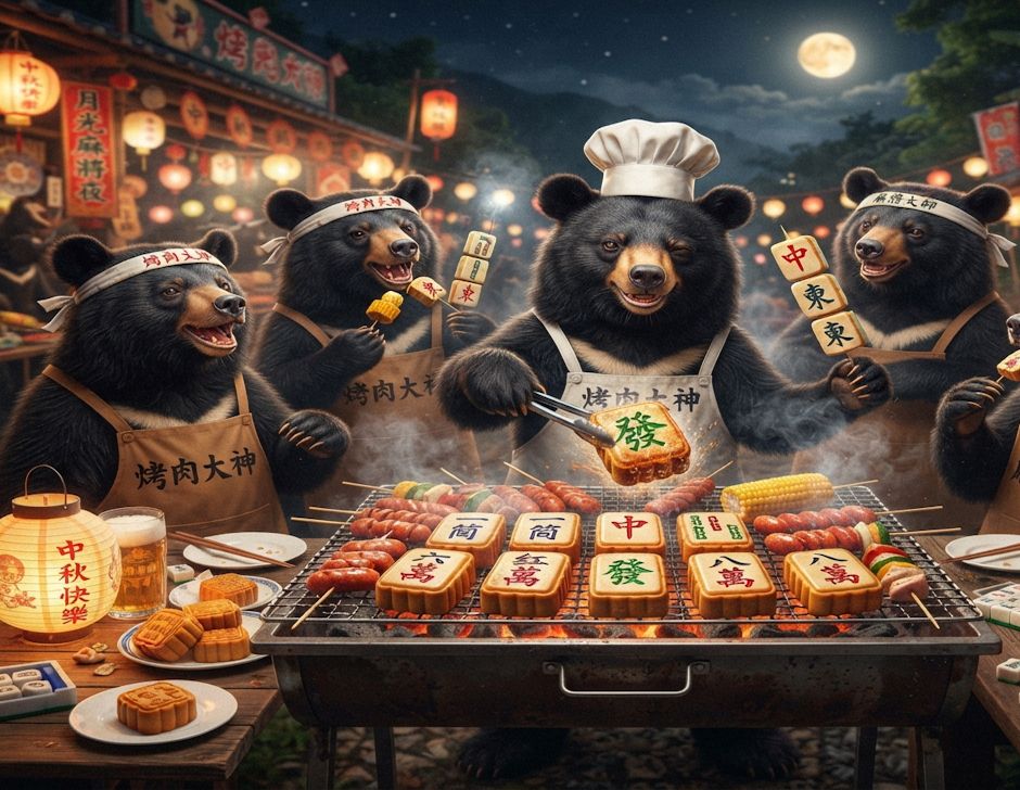 台灣黑熊中秋狂歡派對,一邊吃月餅一邊自摸紅中發財,台灣熊愛打麻將,台灣黑熊打麻將,碰牌胡牌大三元,台灣黑熊圍觀湊一桌,聽牌摸牌洗牌打麻將,台灣黑熊麻將激戰自摸發財,台灣黑熊中秋熊掌碰碰胡
