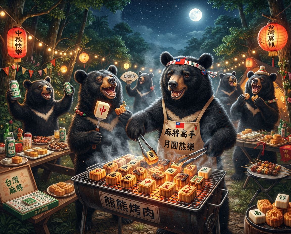 台灣黑熊中秋狂歡派對,一邊吃月餅一邊自摸紅中發財,台灣熊愛打麻將,台灣黑熊打麻將,碰牌胡牌大三元,台灣黑熊圍觀湊一桌,聽牌摸牌洗牌打麻將,台灣黑熊麻將激戰自摸發財,台灣黑熊中秋熊掌碰碰胡