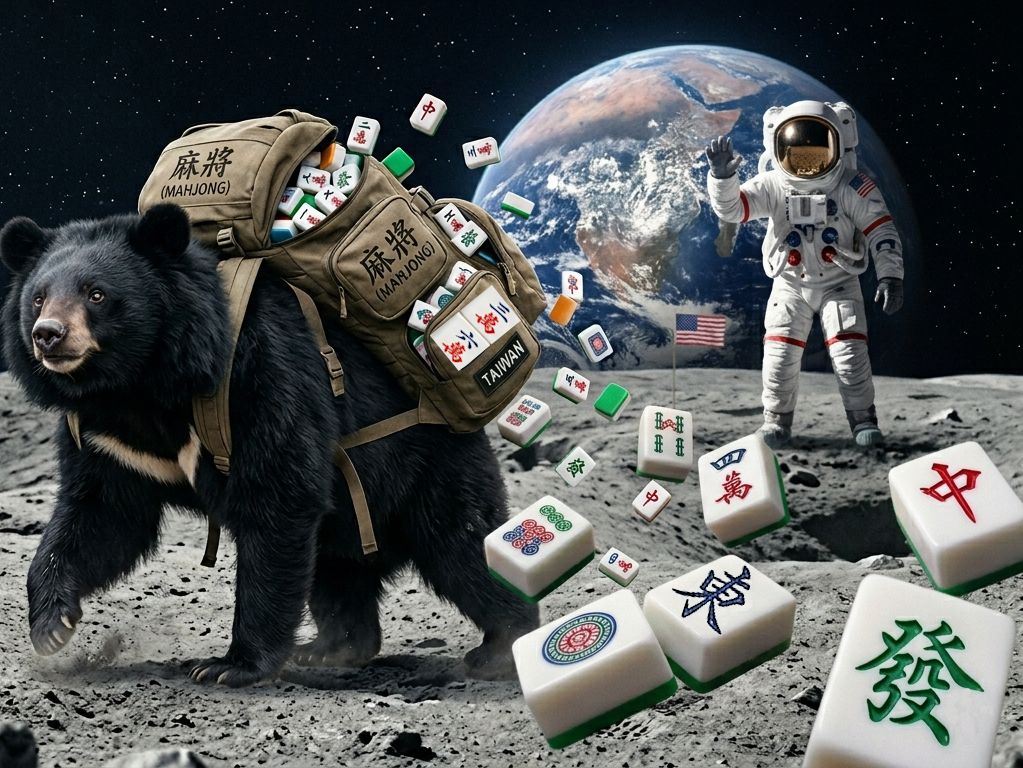 台灣黑熊,台灣熊愛打麻將,台灣黑熊打麻將,熊掌摸牌,NASA監控中摸牌,台灣黑熊登月球打牌,熊界傳奇,台灣黑熊扛整袋麻將登月,台灣黑熊漫步月球