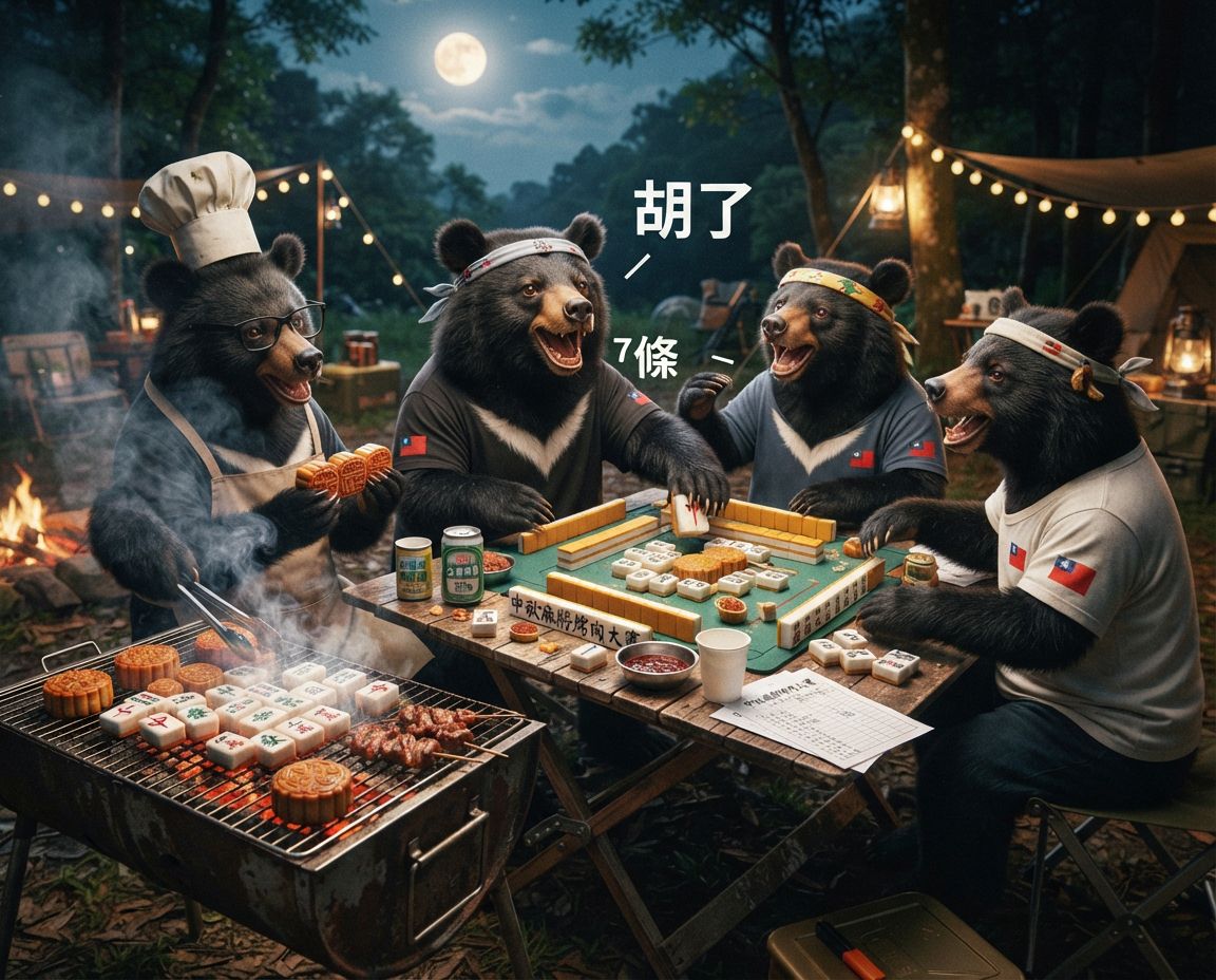 台灣黑熊中秋狂歡派對,一邊吃月餅一邊自摸紅中發財,台灣熊愛打麻將,台灣黑熊打麻將,碰牌胡牌大三元,台灣黑熊圍觀湊一桌,聽牌摸牌洗牌打麻將,台灣黑熊麻將激戰自摸發財,台灣黑熊中秋熊掌碰碰胡