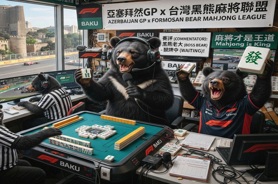 碰牌胡牌大三元,2026亞塞拜然GP決賽台灣黑熊圍觀湊一桌,聽牌摸牌洗牌打麻將,台灣黑熊麻將激戰自摸發財,台灣熊愛打麻將,台灣黑熊打麻將,台灣黑熊熊掌碰碰胡,台灣黑熊震撼登場,發財東南西北滿天飛,F1賽車過彎比摸牌還要刺激,滿貫自摸全壘打,F1太慢了來Baku打麻將,巴庫古城賽道驚見最萌麻將牌咖