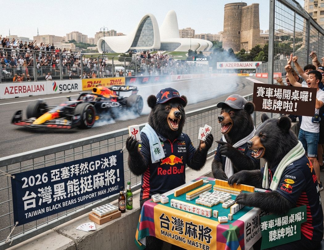 碰牌胡牌大三元,2026亞塞拜然GP決賽台灣黑熊圍觀湊一桌,聽牌摸牌洗牌打麻將,台灣黑熊麻將激戰自摸發財,台灣熊愛打麻將,台灣黑熊打麻將,台灣黑熊熊掌碰碰胡,台灣黑熊震撼登場,發財東南西北滿天飛,F1賽車過彎比摸牌還要刺激,滿貫自摸全壘打,F1太慢了來Baku打麻將,巴庫古城賽道驚見最萌麻將牌咖
