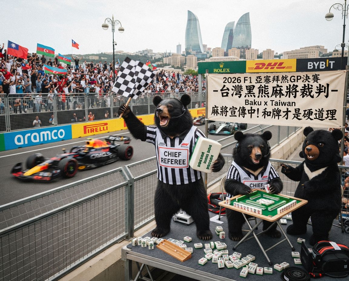碰牌胡牌大三元,2026亞塞拜然GP決賽台灣黑熊圍觀湊一桌,台灣黑熊突襲巴庫賽道中央,聽牌摸牌洗牌打麻將,台灣黑熊麻將激戰自摸發財,台灣熊愛打麻將,台灣黑熊打麻將,台灣黑熊熊掌碰碰胡,台灣黑熊震撼登場,發財東南西北滿天飛,F1賽車過彎比摸牌還要刺激,滿貫自摸全壘打,F1太慢了來Baku打麻將,巴庫古城賽道驚見最萌麻將牌咖