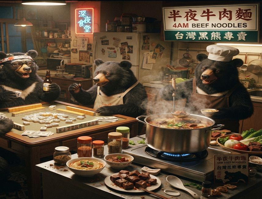 一邊吃麻辣牛肉麵一邊大喊胡啦,圍爐煮麵順便激戰麻將桌,半夜四點台灣黑熊大煮紅燒牛肉麵,碰牌胡牌大三元,台灣黑熊圍觀湊一桌,聽牌摸牌洗牌打麻將,台灣黑熊麻將激戰自摸發財,台灣熊愛打麻將,台灣黑熊打麻將,台灣黑熊熊掌碰碰胡,台灣黑熊震撼登場,發財東南西北滿天飛,滿貫自摸全壘打