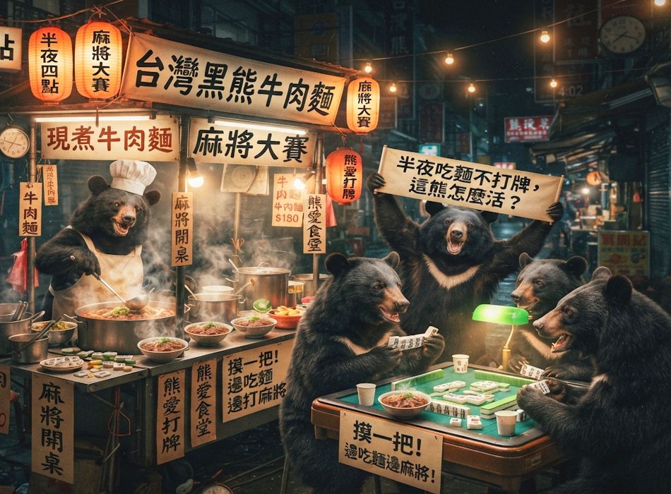 摸牌好運到牛肉麵吃到飽,邊煮牛肉麵邊打麻將,一邊吃麻辣牛肉麵一邊大喊胡啦,圍爐煮麵順便激戰麻將桌,半夜四點台灣黑熊大煮紅燒牛肉麵,碰牌胡牌大三元,台灣黑熊圍觀湊一桌,聽牌摸牌洗牌打麻將,台灣黑熊麻將激戰自摸發財,台灣熊愛打麻將,台灣黑熊打麻將,台灣黑熊熊掌碰碰胡,台灣黑熊震撼登場,發財東南西北滿天飛,滿貫自摸全壘打