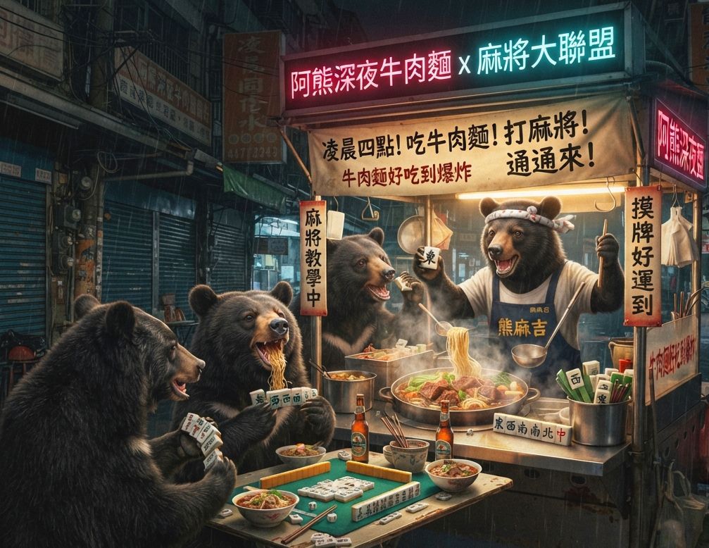 摸牌好運到牛肉麵吃到飽,邊煮牛肉麵邊打麻將,一邊吃麻辣牛肉麵一邊大喊胡啦,圍爐煮麵順便激戰麻將桌,半夜四點台灣黑熊大煮紅燒牛肉麵,碰牌胡牌大三元,台灣黑熊圍觀湊一桌,聽牌摸牌洗牌打麻將,台灣黑熊麻將激戰自摸發財,台灣熊愛打麻將,台灣黑熊打麻將,台灣黑熊熊掌碰碰胡,台灣黑熊震撼登場,發財東南西北滿天飛,滿貫自摸全壘打