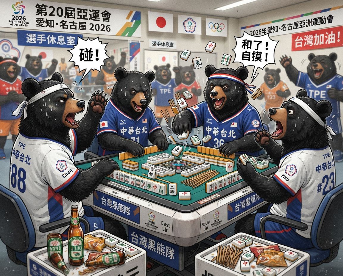 名古屋亞運碰牌胡牌大三元,台灣黑熊圍觀湊一桌,聽牌摸牌洗牌打麻將,台灣黑熊名古屋亞運打麻將激戰自摸發財,台灣熊愛打麻將,台灣黑熊打麻將,台灣黑熊熊掌碰碰胡,台灣黑熊震撼登場,發財東南西北滿天飛,愛知名古屋亞運滿貫自摸全壘打