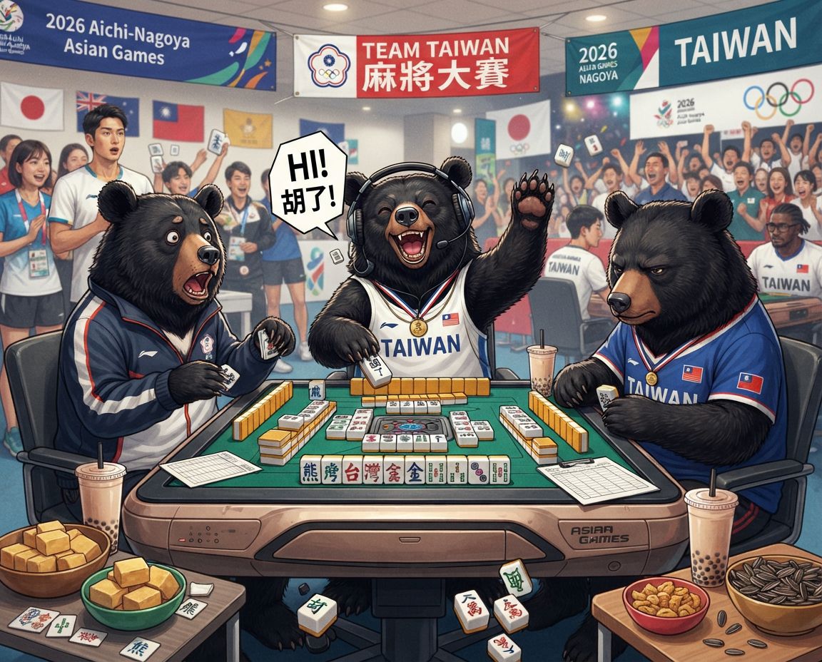 名古屋亞運碰牌胡牌大三元,台灣黑熊圍觀湊一桌,聽牌摸牌洗牌打麻將,台灣黑熊名古屋亞運打麻將激戰自摸發財,台灣熊愛打麻將,台灣黑熊打麻將,台灣黑熊熊掌碰碰胡,台灣黑熊震撼登場,發財東南西北滿天飛,愛知名古屋亞運滿貫自摸全壘打