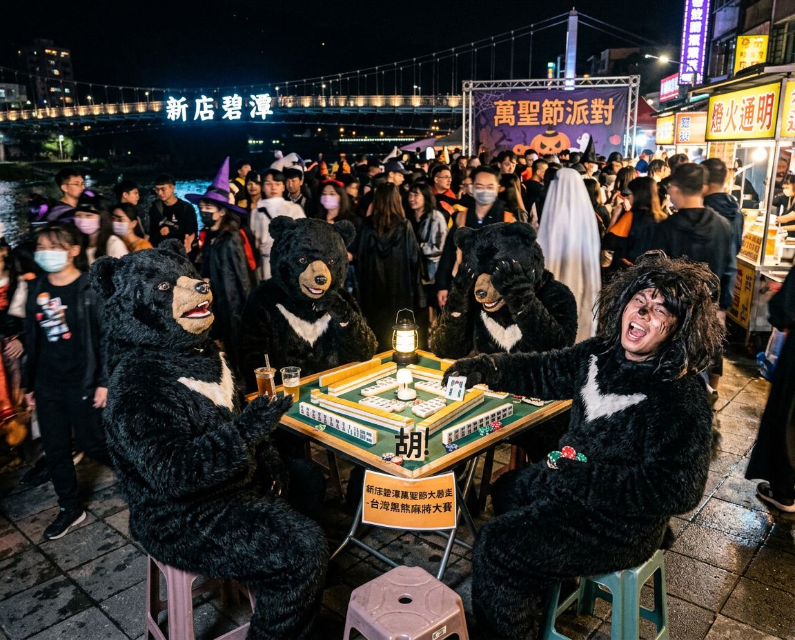 台灣黑熊深夜突襲新店碧潭萬聖節派對,麻將戰局搶胡清一色,台灣熊愛打麻將,台灣黑熊打麻將,碰牌胡牌大三元,萬聖節的黑熊大亂鬥,聽牌摸牌洗牌打麻將,台灣黑熊萬聖節群魔熊掌碰碰胡,台灣黑熊咆哮真人PK,開桌摸八圈自摸碰碰胡