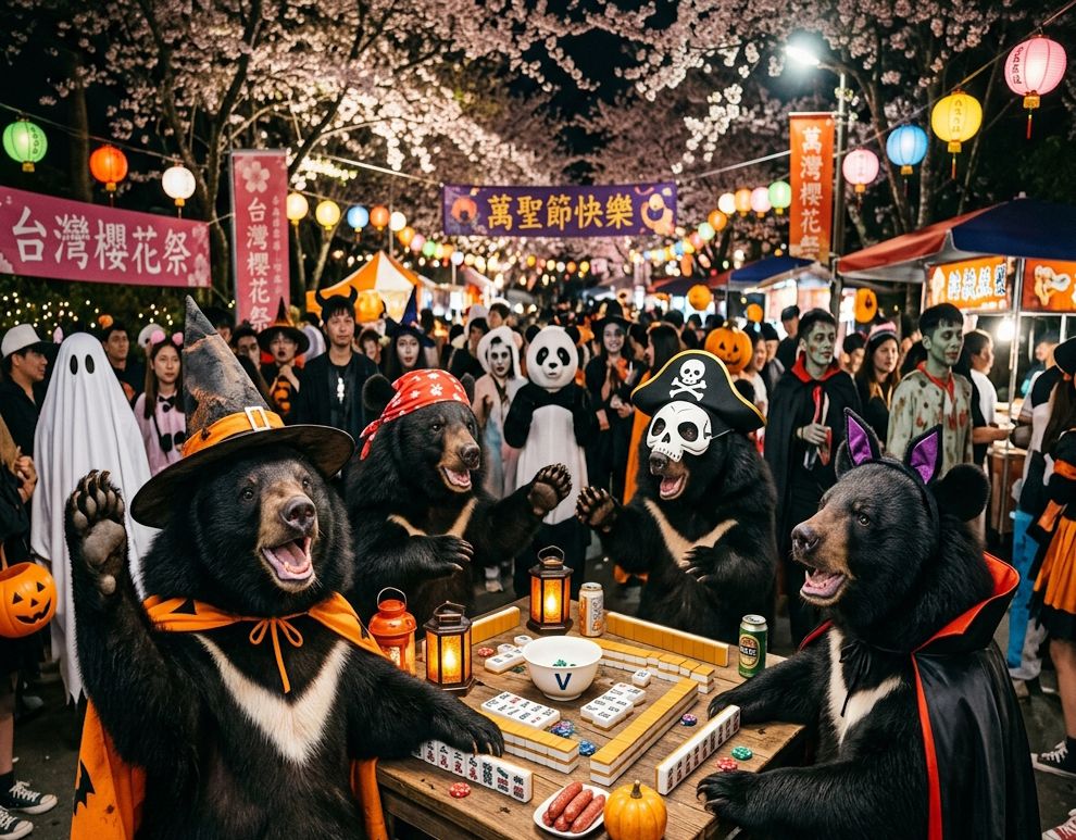 台灣黑熊深夜突襲櫻花祭萬聖節派對,麻將戰局搶胡清一色,台灣熊愛打麻將,台灣黑熊打麻將,碰牌胡牌大三元,萬聖節的黑熊大亂鬥,聽牌摸牌洗牌打麻將,台灣黑熊萬聖節群魔熊掌碰碰胡,台灣黑熊咆哮真人PK,開桌摸八圈自摸碰碰胡