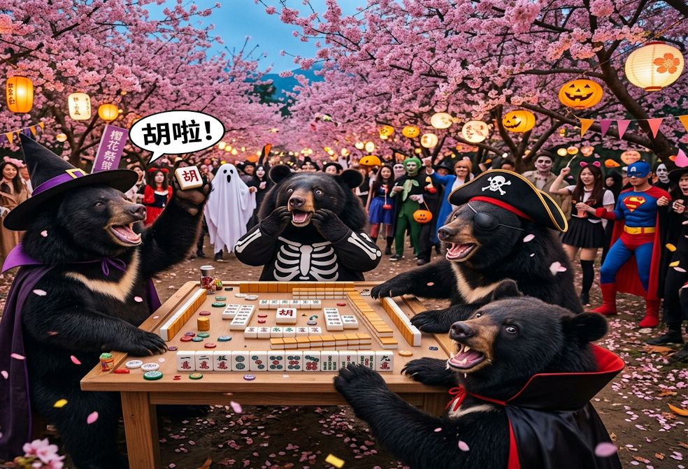 台灣黑熊深夜突襲櫻花祭萬聖節派對,麻將戰局搶胡清一色,台灣熊愛打麻將,台灣黑熊打麻將,碰牌胡牌大三元,萬聖節的黑熊大亂鬥,聽牌摸牌洗牌打麻將,台灣黑熊萬聖節群魔熊掌碰碰胡,台灣黑熊咆哮真人PK,開桌摸八圈自摸碰碰胡