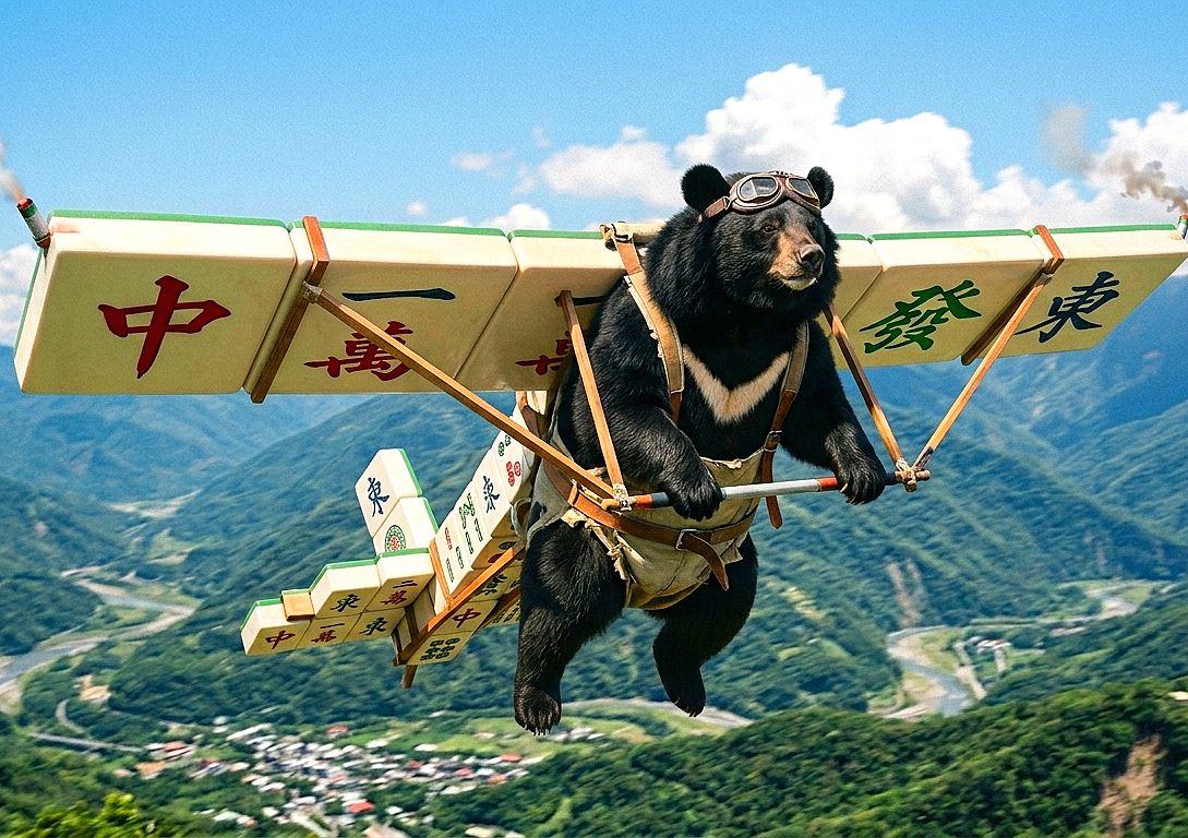 台灣黑熊,台灣熊愛打麻將,台灣黑熊打麻將,熊掌摸牌,地心引力抓不住這隻熊,空中大四喜,中央山脈最狂黑熊滑翔翼,空中戰神台灣黑熊,清一色高空巡邏