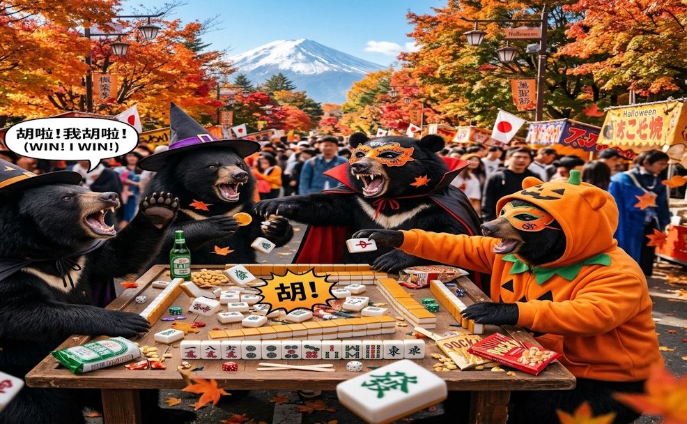 富士山雀王爭霸戰激戰三百回合,台灣黑熊突襲河口湖楓葉季萬聖節派對,麻將戰局橘色南瓜燈高高掛,台灣熊愛打麻將,台灣黑熊打麻將,碰牌胡牌大三元,萬聖節的黑熊大亂鬥,聽牌摸牌洗牌打麻將,台灣黑熊萬聖節群魔熊掌碰碰胡,台灣黑熊咆哮真人PK,河口湖楓葉季開桌自摸碰碰胡,台日文化的麻將奇觀