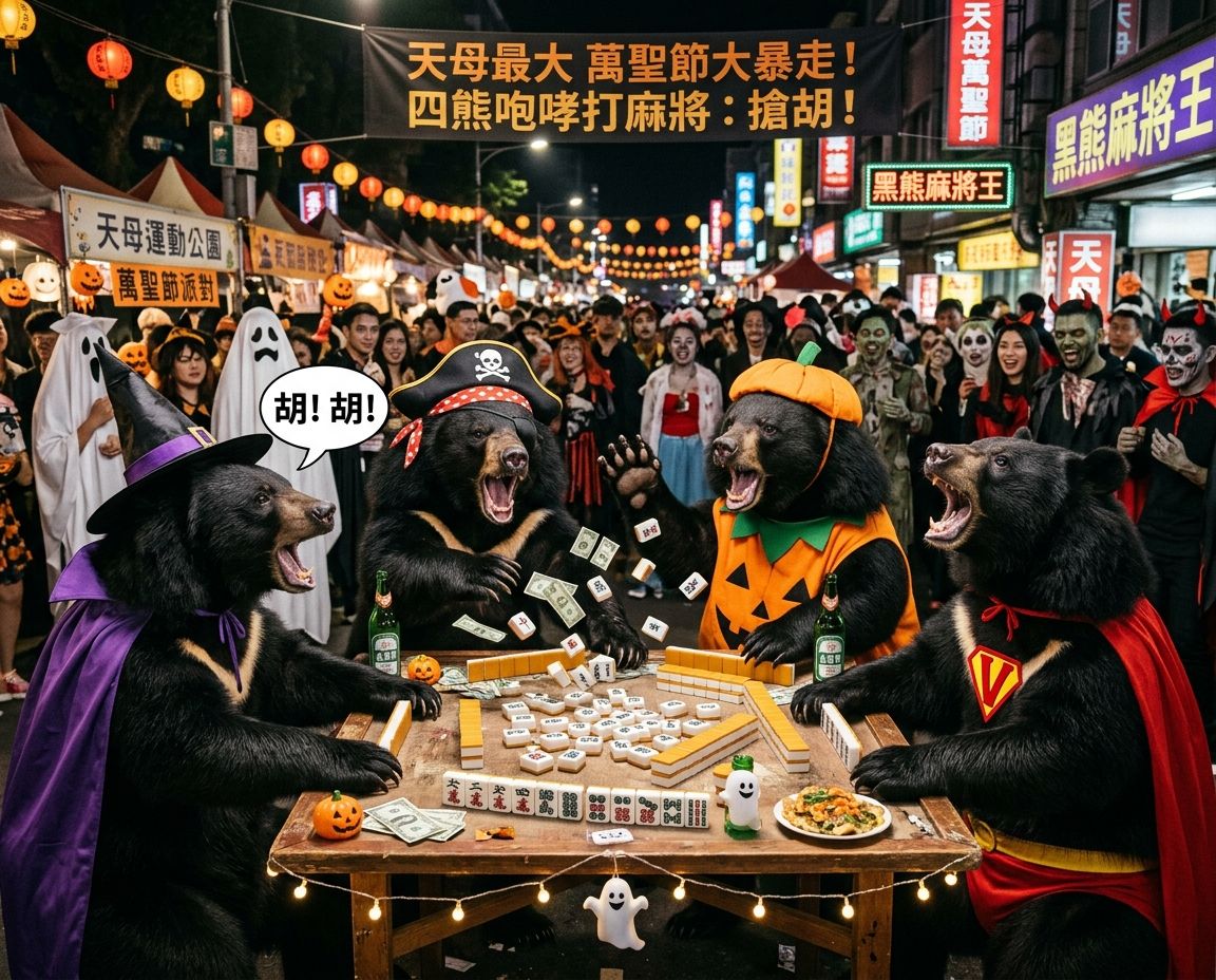 台灣黑熊深夜突襲天母萬聖節派對,麻將戰局橘色南瓜燈高高掛,台灣熊愛打麻將,台灣黑熊打麻將,碰牌胡牌大三元,萬聖節的黑熊大亂鬥,聽牌摸牌洗牌打麻將,台灣黑熊萬聖節群魔熊掌碰碰胡,台灣黑熊咆哮真人PK,天母萬聖節開桌自摸碰碰胡