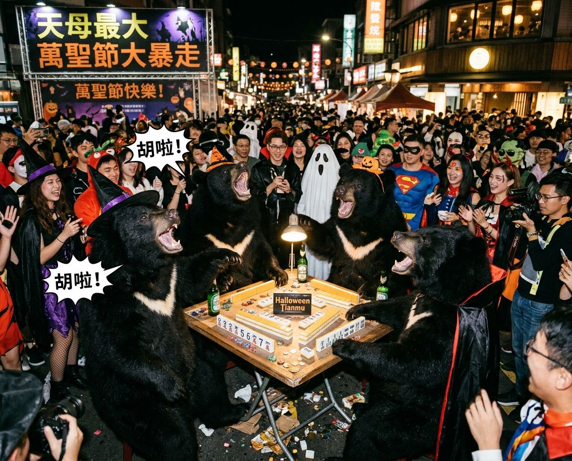 台灣黑熊深夜突襲天母萬聖節派對,麻將戰局橘色南瓜燈高高掛,台灣熊愛打麻將,台灣黑熊打麻將,碰牌胡牌大三元,萬聖節的黑熊大亂鬥,聽牌摸牌洗牌打麻將,台灣黑熊萬聖節群魔熊掌碰碰胡,台灣黑熊咆哮真人PK,天母萬聖節開桌自摸碰碰胡