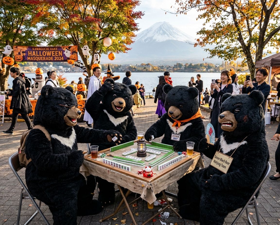 富士山雀王爭霸戰激戰三百回合,台灣黑熊突襲河口湖楓葉季萬聖節派對,麻將戰局橘色南瓜燈高高掛,台灣熊愛打麻將,台灣黑熊打麻將,碰牌胡牌大三元,萬聖節的黑熊大亂鬥,聽牌摸牌洗牌打麻將,台灣黑熊萬聖節群魔熊掌碰碰胡,台灣黑熊咆哮真人PK,河口湖楓葉季開桌自摸碰碰胡,台日文化的麻將奇觀