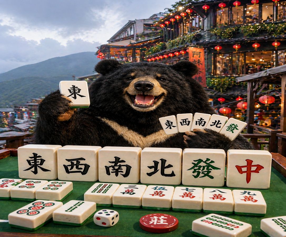 台灣黑熊,台灣熊愛打麻將,台灣黑熊打麻將,熊掌摸牌,國寶熊界雀聖,九份賭神,九份唯一狠角色熊界傳奇,阿妹茶樓加開麻將桌打牌,九份老街揪團打麻將,九份台灣黑熊出沒