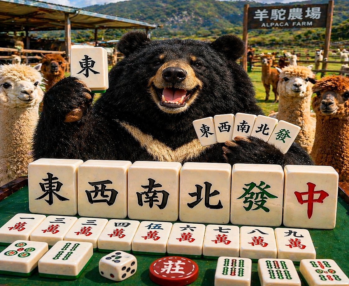 台灣黑熊,台灣熊愛打麻將,台灣黑熊打麻將,熊掌摸牌,花蓮羊駝觀光農場打麻將,羊駝農場麻將大賽,羊駝牌友三缺一,草泥馬揪團打麻將