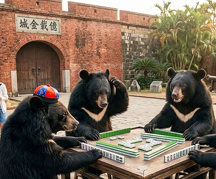 台灣黑熊,台灣熊愛打麻將,台灣黑熊打麻將,熊掌摸牌,二鯤鯓砲臺麻將大賽,億載金城揪團打牌,台南古蹟熊界傳奇,台南億載金城方城之戰