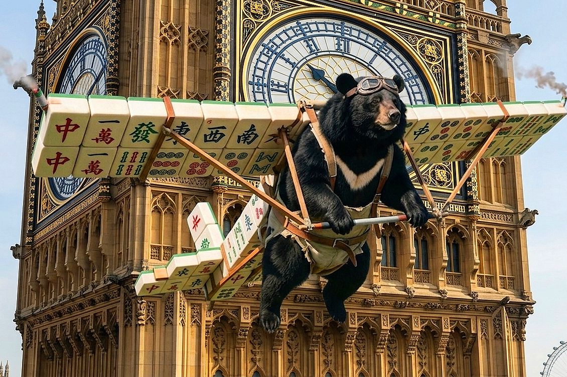 台灣黑熊突襲大笨鐘,台灣熊愛打麻將,台灣黑熊打麻將,熊掌摸牌,倫敦大笨鐘麻將俠約打牌,倫敦眼大風車,大四喜黑熊滑翔翼,湊桌湊到大笨鐘