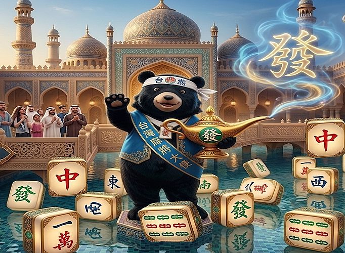 台灣黑熊,台灣熊愛打麻將,台灣黑熊打麻將,熊掌摸牌,杜拜麻將大賽,杜拜帆船飯店揪團打牌,麻將阿拉丁摩擦神燈,清真寺大四喜,杜拜麻將推廣大使,清真寺旁的麻將派對,中東土豪麻將大賽,發財神燈