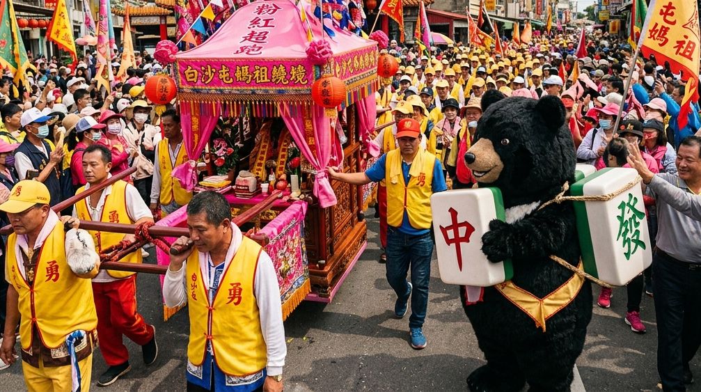 熊掌摸牌,台灣黑熊,黑熊打麻將,繞境打麻將,黑熊粉紅超跑,白沙屯打麻將,媽祖繞境打麻將,超跑黑熊,黑熊扛轎粉紅超跑,黑熊白沙屯繞境,媽祖黑熊香燈腳