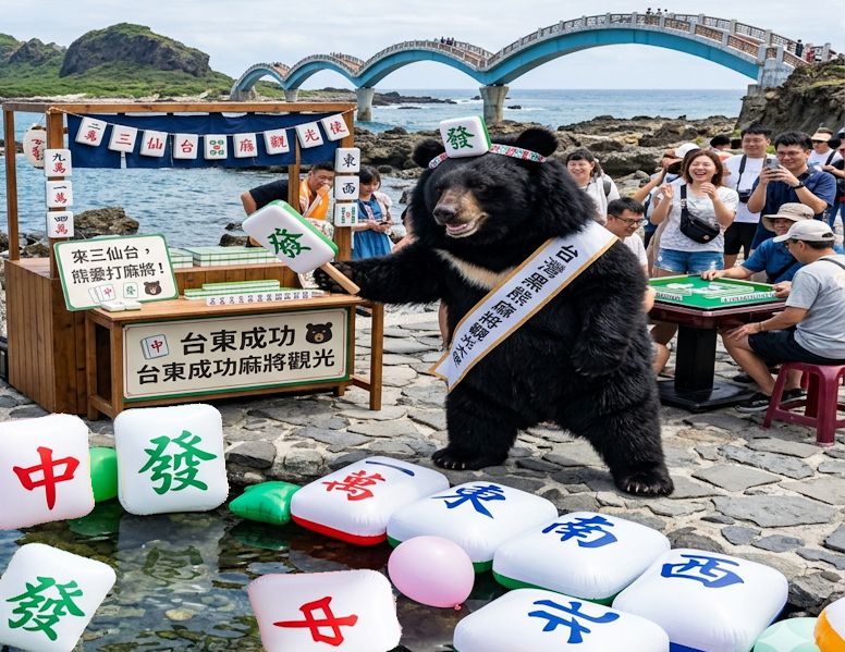 台灣黑熊,台灣熊愛打麻將,台灣黑熊打麻將,熊掌摸牌,三仙台八拱橋麻將攻防戰,台東三仙台揪團打牌,台東熊界傳奇,八拱橋揪牌咖,必去景點三仙台大四喜