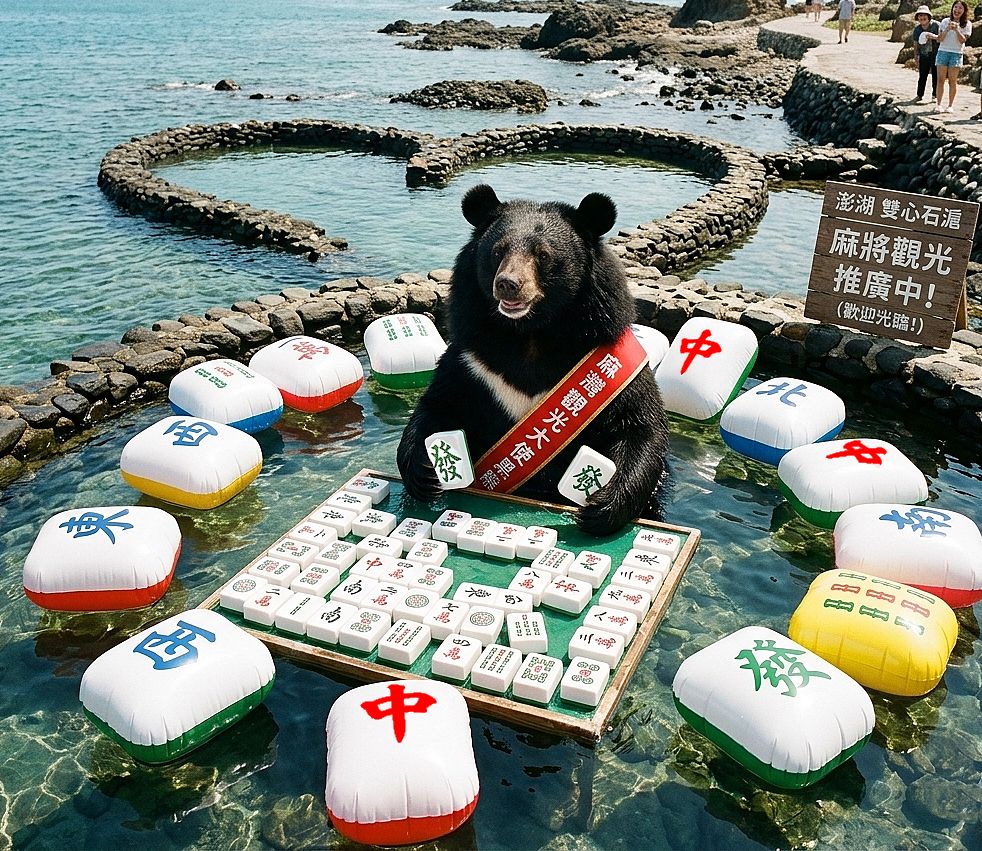 台灣黑熊,台灣熊愛打麻將,台灣黑熊打麻將,熊掌摸牌,國寶熊界雀聖,石滬水上麻將樂園,雙心麻將石滬,澎湖七美揪團打麻將,澎湖必去摸牌景點