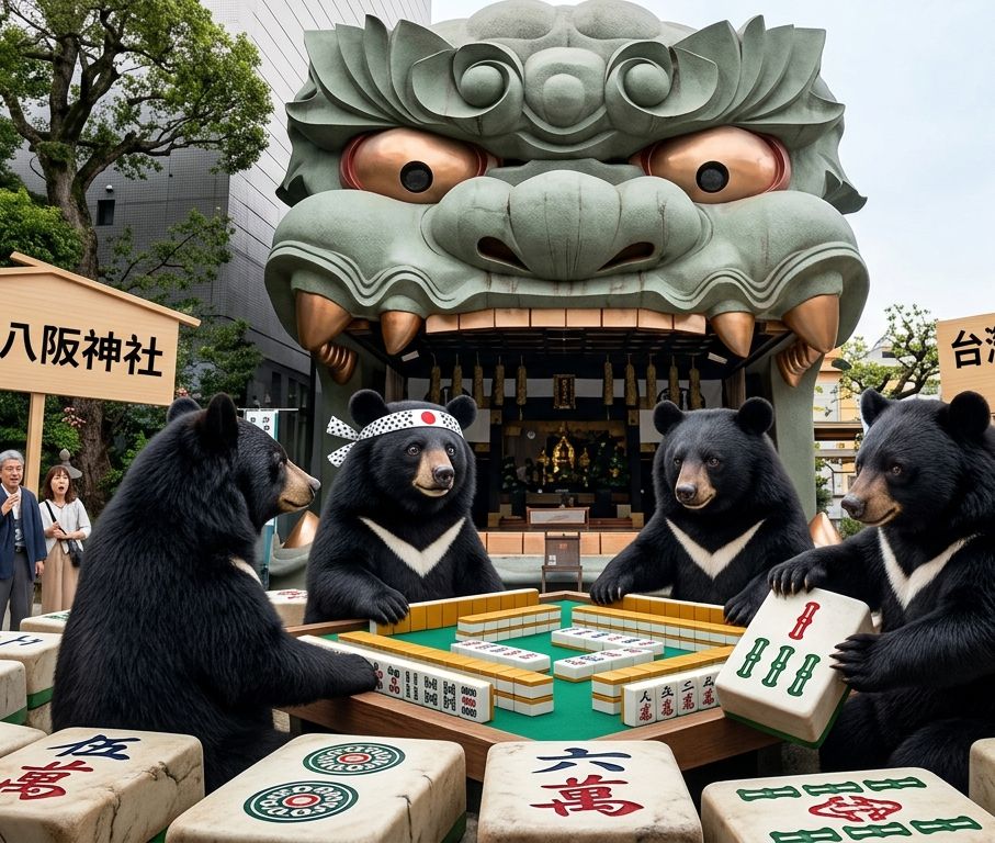 台灣黑熊,台灣熊愛打麻將,台灣黑熊打麻將,熊掌摸牌,大阪雀神爭霸戰,難波八阪神社麻將大賽,台日友好麻將競技賽,台灣黑熊佔領大阪打麻將