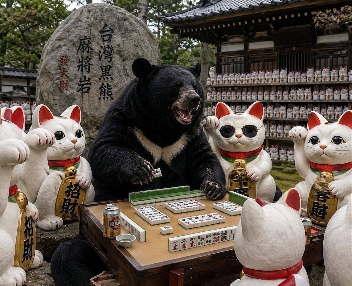 台灣黑熊,台灣熊愛打麻將,台灣黑熊打麻將,熊掌摸牌,豪德寺麻將風暴,日本豪德寺揪團打牌,巨型貓咪陪打牌,東京豪德寺神祕牌局,豪德寺麻將結界,台日友好麻將賽,招財貓集體摸牌