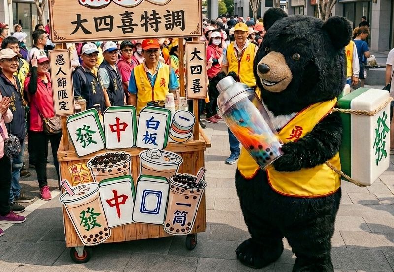 台灣熊愛打麻將,熊掌摸牌,台灣黑熊,台灣熊麻將,台灣黑熊喝手搖飲,愚人節打牌,黑熊大四喜,熊賀呷麻將,台灣黑熊打麻將,大四喜特調