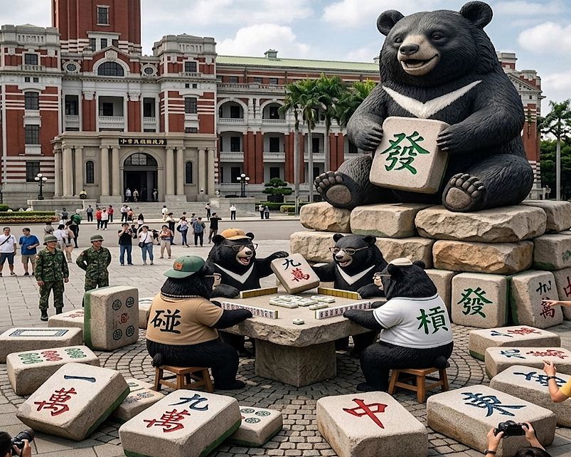 台灣黑熊,台灣熊愛打麻將,台灣黑熊打麻將,熊掌摸牌,碰碰胡救台灣,凱達格蘭大道揪團打牌,凱道總統府自摸大地震,總統府麻將巨石陣,凱道自摸大三元,凱道黑熊麻將大賽