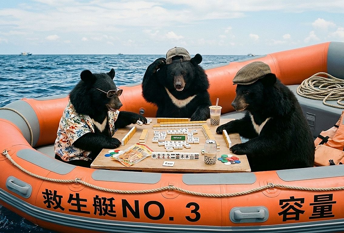 台灣黑熊,台灣熊愛打麻將,台灣黑熊打麻將,熊掌摸牌,海巡署太平洋麻將盃,海上救生艇打牌,太平洋海底撈月,乘風破浪的台灣黑熊,生存指南之摸兩把